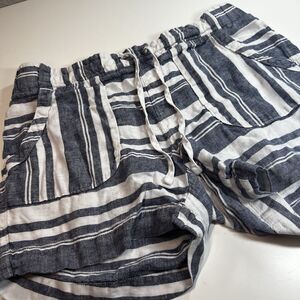 Athleta Linen Shorts Womens Size 12 Black White Striped Elastic Waist Pockets